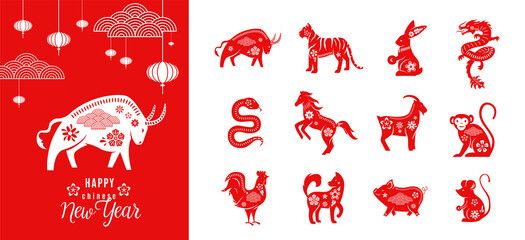 Chinese zodiac animals set with happy new year greeting card template of ox 2021. Twelve asian traditional red characters isolated on white. Vector illustration of astrology calendar horoscope symbol