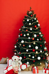 Christmas tree pine red interior house new year decor garland gifts postcard