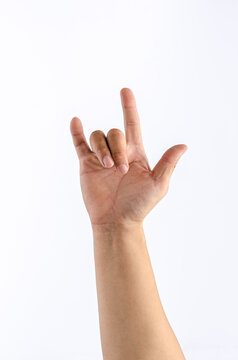 Close up of hand with show finger love sign , show I Love You language hand sign, Isolated on white background, place for text or sign.