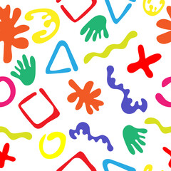 Abstract seamless pattern with organic and geometric shapes drawn by hand. Summer print. Colorful vector illustration.