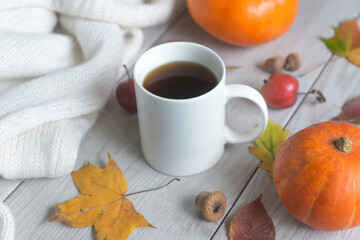 A cup of hot coffee and colorful autumn leaves and much more, a cozy warm look. Hello, Autumn.