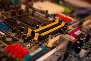 Old disassembled computers. Motherboards. Computer junk.