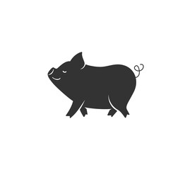 Pig silhouette vector illustration. Black and white happy pork logo in simple cartoon flat style. Isolated on white background