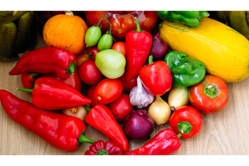 Canned cucumbers and tomatoes. Lots of fresh peppers and tomatoes. Preservation of vegetables for the winter at home.