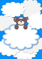 Baby boy teddy bear icon surrounded by clouds, blue sky background, cartoon style