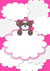 Baby girl teddy bear icon surrounded by clouds, pink sky background, cartoon style