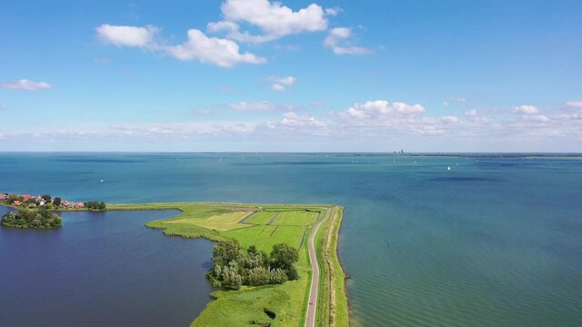 Aerial view of the road over the water to Marken,  in Waterland, Netherlands, Holland