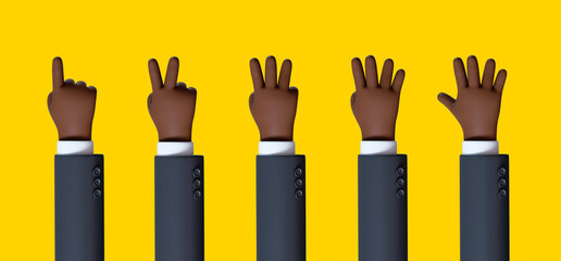 3d render, african cartoon character counting from one to five, black skin hand shows fingers, business clip art set isolated on yellow background