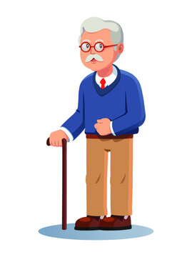 Old man senior with mustache wearing glasses holds wooden cane stick.