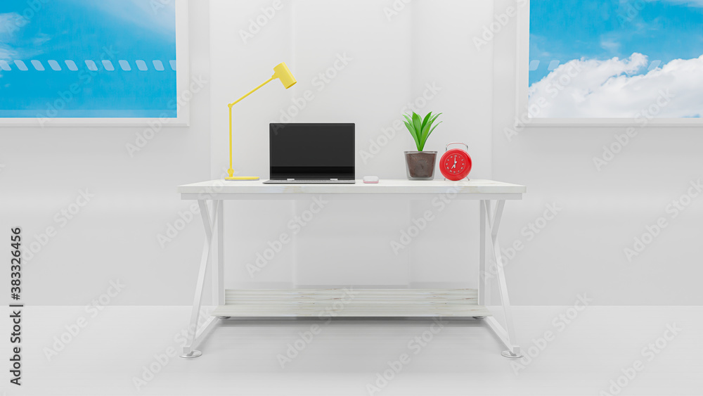Aufkleber laptop on table work desk in office and window overlooking sky.3d render.