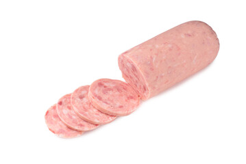 Boiled sausage isolated on white background. Slices.