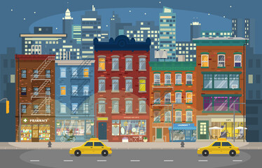 Vector illustration of night Manhattan with retro houses with shops and taxis and skyscrapers in background. Night city. Cityscape. Night skyline. Flat style.