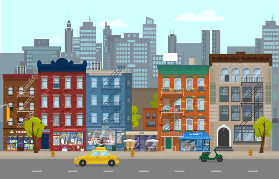 Vector illustration of Manhattan street with different retro houses with shops, taxi, scooter. City silhouette at the background. Cityscape in flat style. © Александра Гвардейце