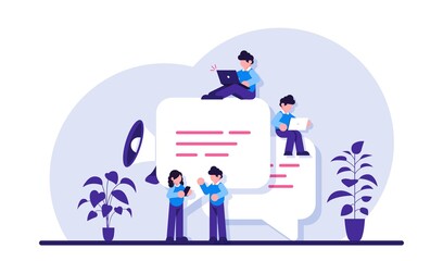 Chat easily. Speech bubbles for comment and reply. Small people chatting online. Guys and woman sitting on big symbols of chat. Modern flat illustration.
