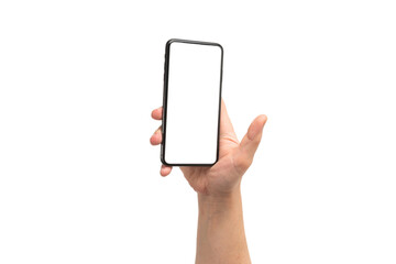 Smart phone in man hand isolated on white background.  White screen.