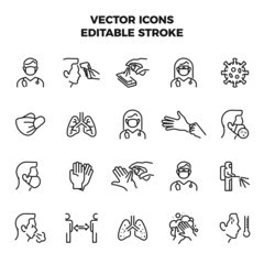 Coronavirus Icon Set Linear Line Color Icons fully Editable Stroke containing such icons like: Face Mask Virus Temperature Disinfection Washing Hands Cough Lungs Sanitize Sanitizer Doctor Distance