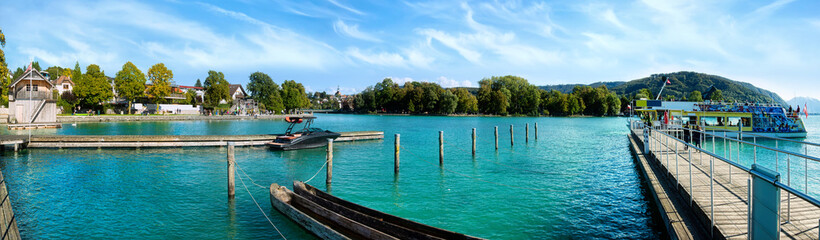 Naklejka premium Panorama of Seewalchen am Attersee (Attersee lake), Salzkammergut, Austria