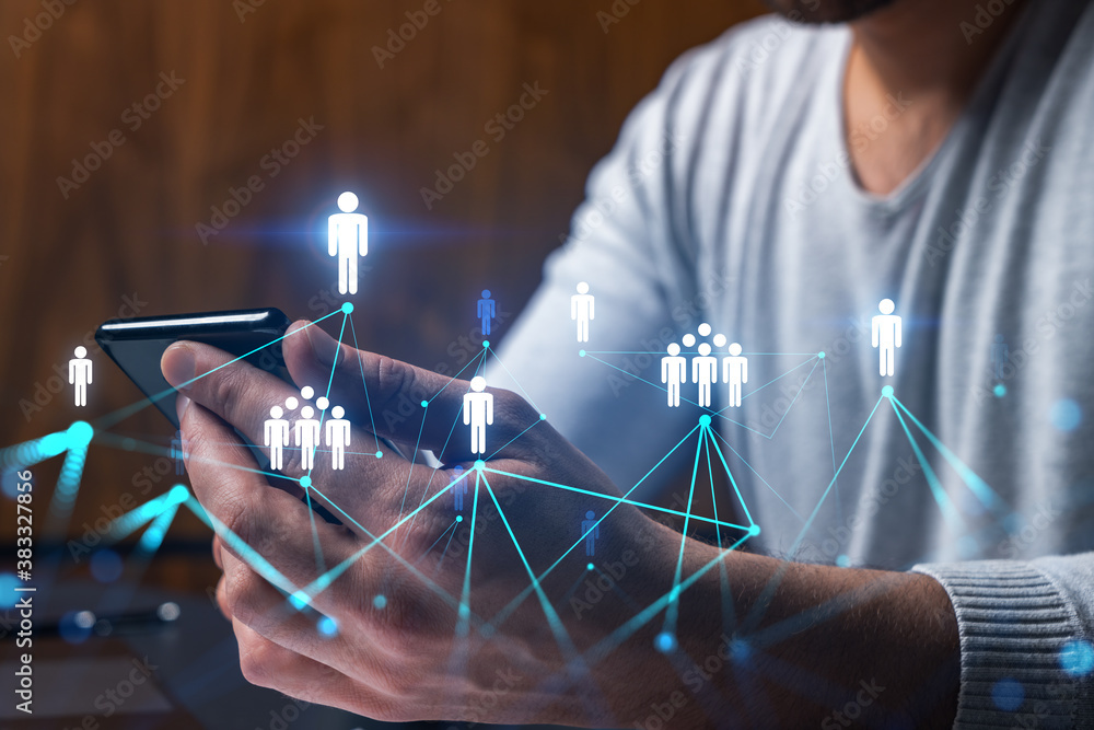 Poster man using phone. hands typing smartphone. double exposure with social network hologram. close up. in