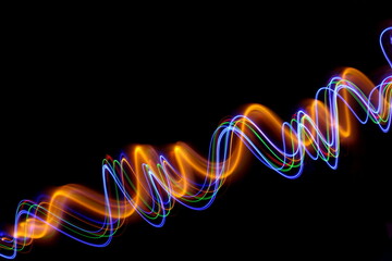 Long exposure photograph of neon multi colour in an abstract swirl, parallel lines pattern against...