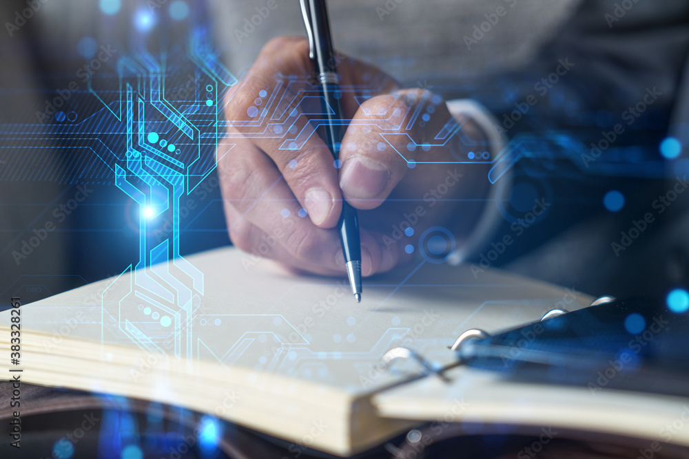 Poster businessman in suit taking notes. double exposure with binary tech theme hologram. man writing down 