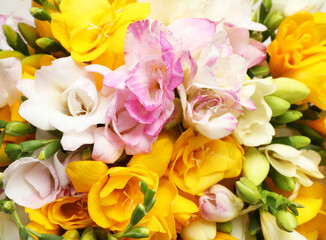 Beautiful colorful freesia bouquet as background, closeup
