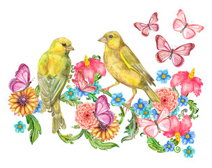 couple of yellow birds sitting on green baroque twig with colorful flowers and swirl leaves, surrounded flying butterflies. watercolor painting