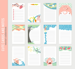 Cards notes. Kids notebook page vector template. Stickers, labels, tags paper sheet illustration. Set of planners and to do lists with simple animal illustrations