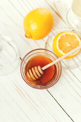 Drink hot tea with ginger-lemon and honey, prevention of colds. Selective focus