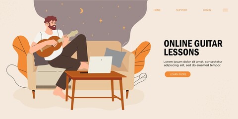 Online education, learning, training play the guitar, music lessons. Young man cartoon character sitting home with laptop watching video lesson and playing guitar. Creative hobby and leisure activity.