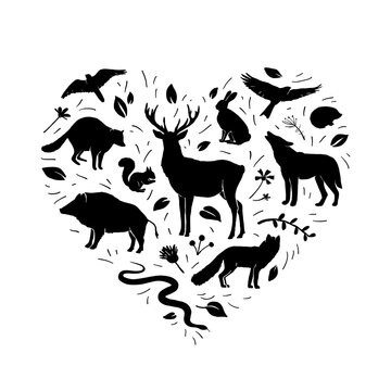 Vector forest animals collection in circle frame. Flat animals silhouettes in black color.  Black silhouettes animals isolated on white