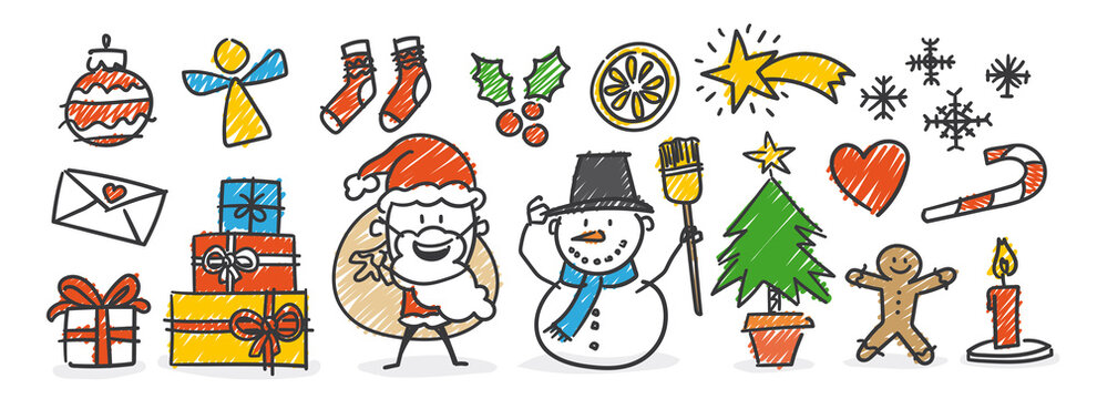 Strichfiguren / Strichmännchen: Weihnachtsschmuck, Weihnachtsmann, Schneemann, Dekoration. (Nr. 560)	