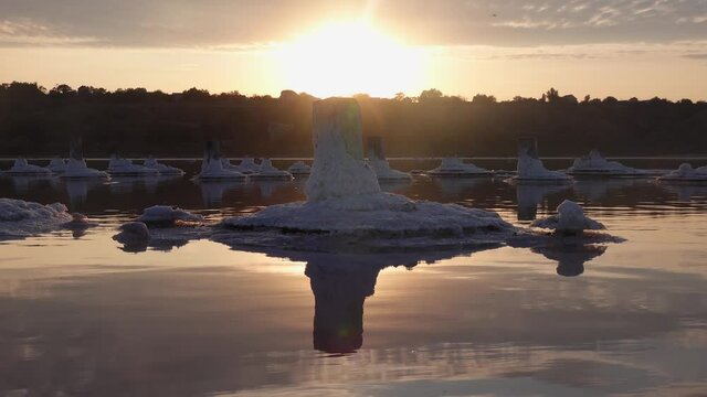 Salt Lake. Self-settling salt on wooden logs. Hypersaline water in a drying lake, an environmental problem. Black Sea, Ukraine