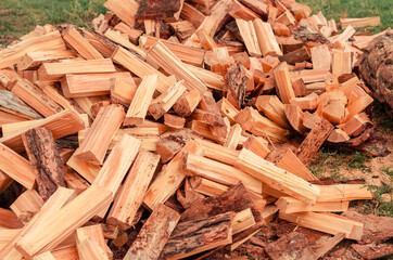 Firewood is stacked in autumn. Chopped pile of wood. Lots of wood from logs. Preparation of firewood for the winter. background texture pattern with stacked dry chopped firewood. Trees in the sawmill