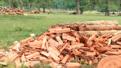 Firewood is stacked in autumn. Chopped pile of wood. Lots of wood from logs. Preparation of firewood for the winter. background texture pattern with stacked dry chopped firewood. Trees in the sawmill