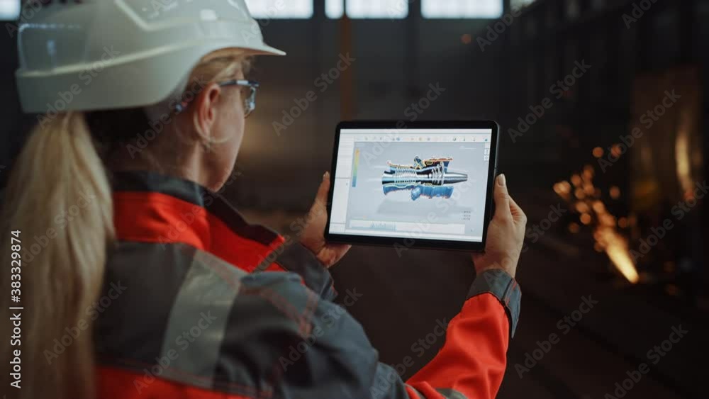 Poster professional heavy industry engineer uses tablet computer for augmented reality render with interact