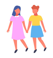 Two best friends girls holding hands. Vector illustration about friendship isolated on white. Children walk together on the playground. Friendship of children in kindergarten or junior school