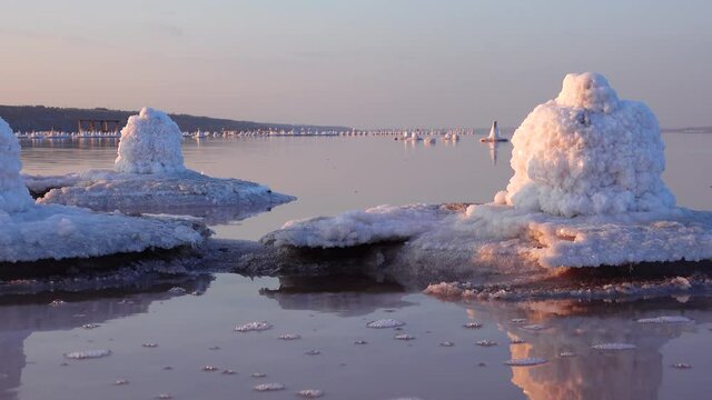Salt Lake. Self-settling salt on wooden logs. Hypersaline water in a drying lake, an environmental problem. Black Sea, Ukraine