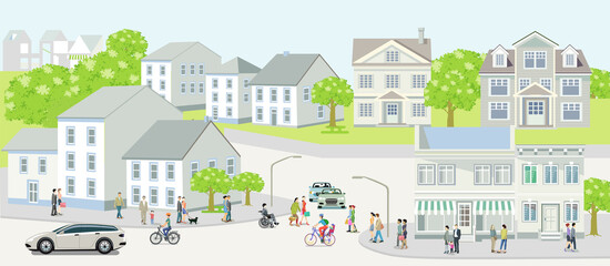 Stadtsilhouette einer kleinen Stadt mit Menschen und Straßenverkehr,  Illustration