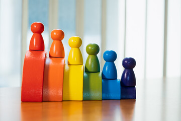 Close up colorful wooden people and wooden rainbow using as business and education creativity concept