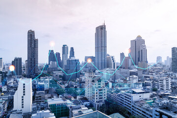 Naklejka na ściany i meble Financial stock chart hologram over panorama city view of Bangkok, business center in Asia. The concept of international transactions. Double exposure.