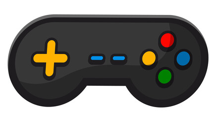 Gamepad video game controller flat vector illustration, black joystick with multicolored buttons, remote game manipulator isolated on white background. Modern device for player-console interaction