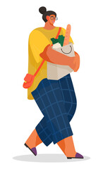 Brunette young woman carrying grocery paper shopping bag with healthy vegetables and food isolated on white. Shopper girl holding shopping from the supermarket going home. Purchase in produse store