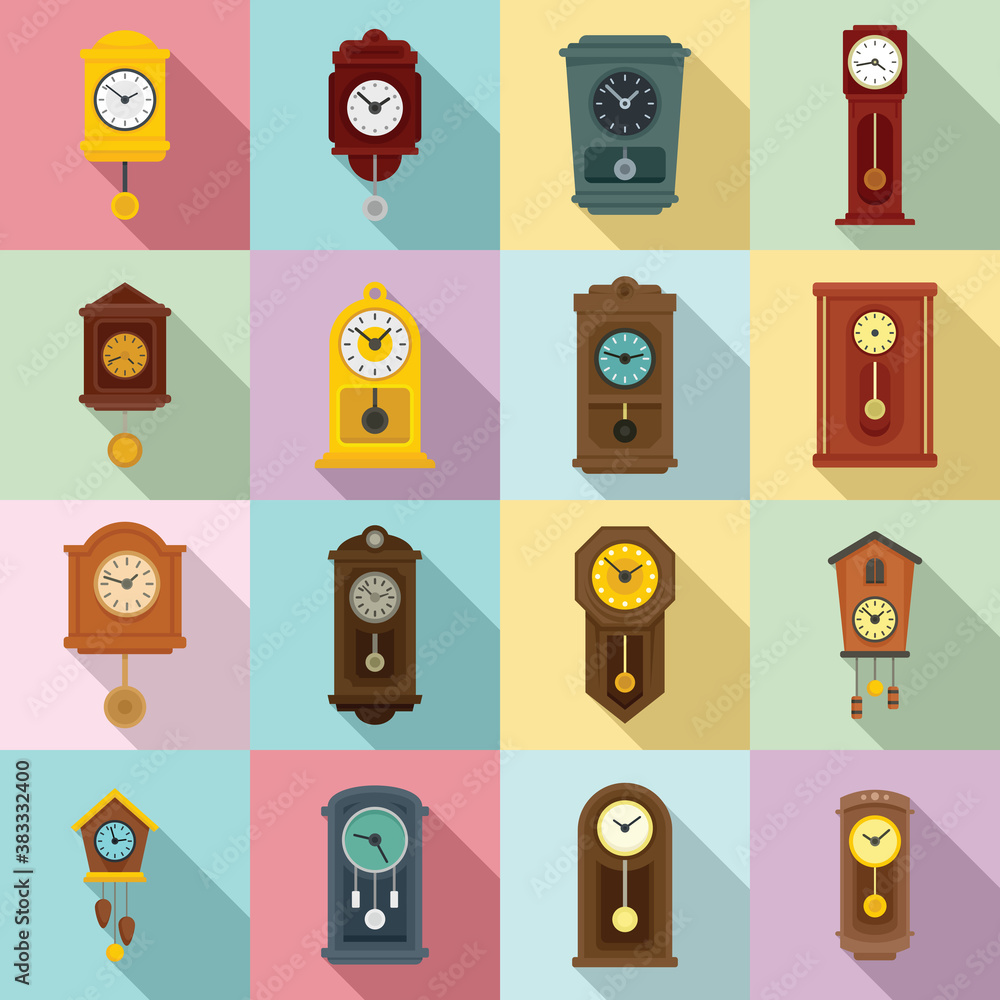 Poster pendulum clock icons set. flat set of pendulum clock vector icons for web design