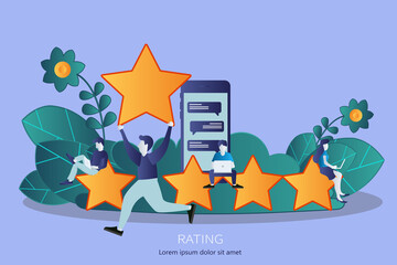Concept of feedback, testimonials messages and notifications. Rating on customer service illustration. Five big stars with people holding  them and giving reviews on their lap tops. Flat vector