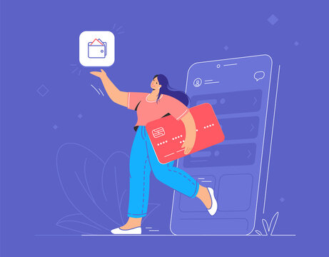 Online banking, ewallet and credit card. Flat vector illustration of smiling woman going out of a smartphone with red credit card and pionting to wallet mobile app for accounting and investments