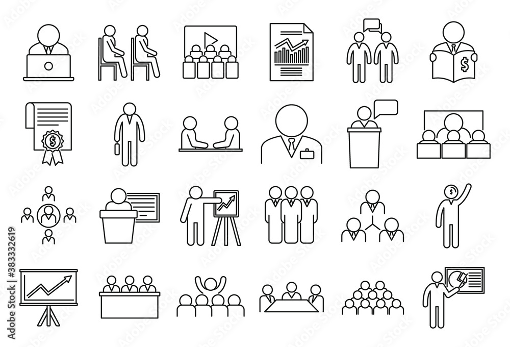 Aufkleber business training presentation icons set. outline set of business training presentation vector icons