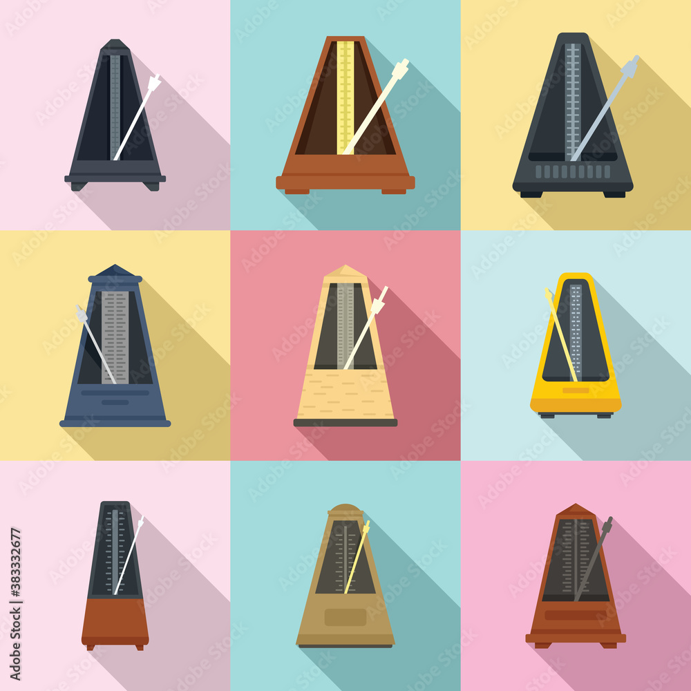 Poster metronome icons set. flat set of metronome vector icons for web design