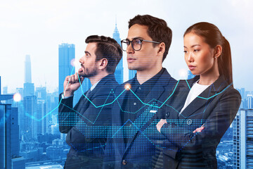 Group of business colleagues in suits as a part of multinational corporate team working on forecasting trading corporate strategy at fund. Forex chart. Kuala Lumpur on background. Double exposure © VideoFlow