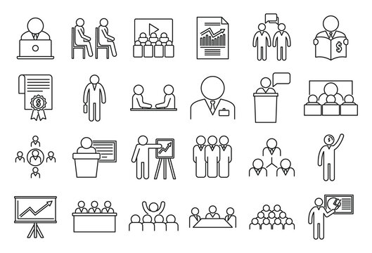 Business training presentation icons set. Outline set of business training presentation vector icons for web design isolated on white background