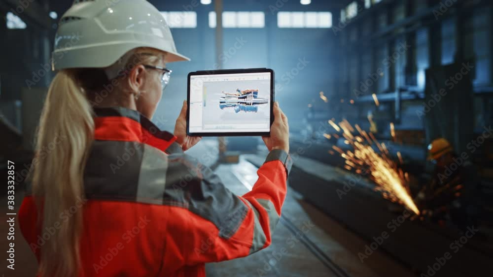 Aufkleber Professional Heavy Industry Engineer Uses Tablet Computer for Augmented Reality Render with Interactive Turbine Engine Blueprint